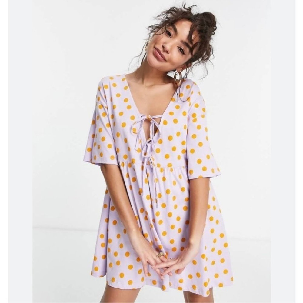 ASOS Design Women's Baby Doll Dress Size 0 Lilac Polka Dot Tie Oversized